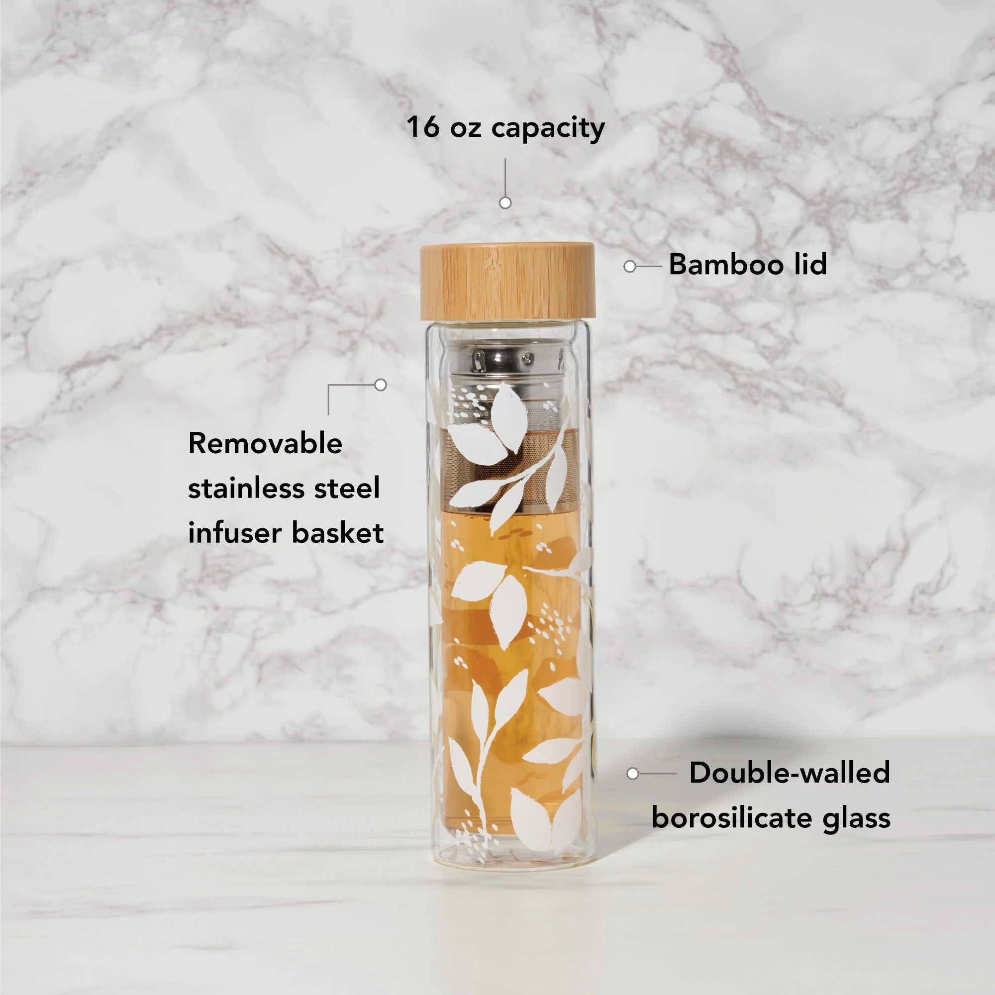 Pinky Up Blair: White Leaf Pattern Glass Travel Infuser Mug - Image 5