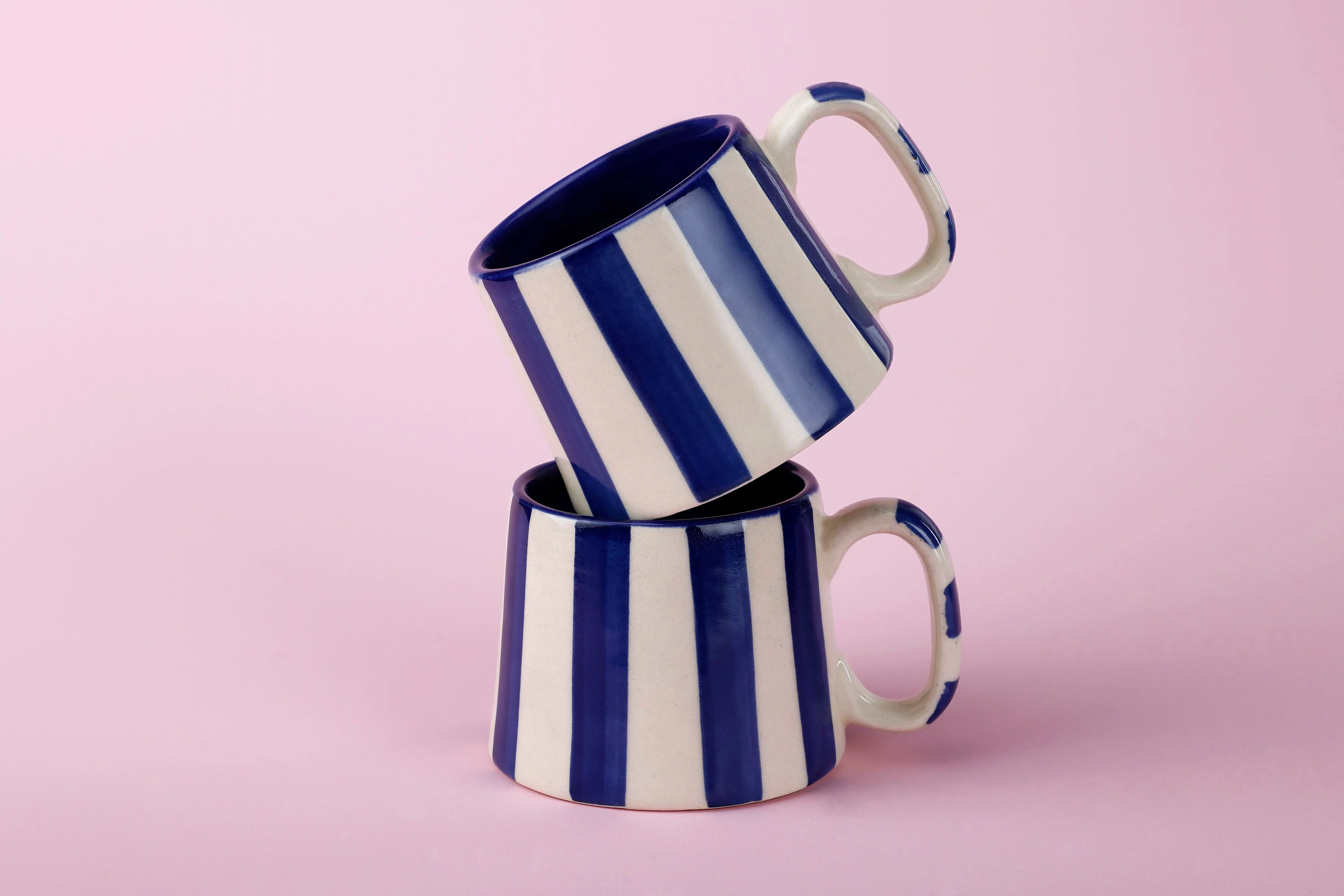 Casa Amarosa Ceramic Dark Blue Stripe Cup - 3.5 x 2.5 Inches ( Set of 2 ) - Image 5
