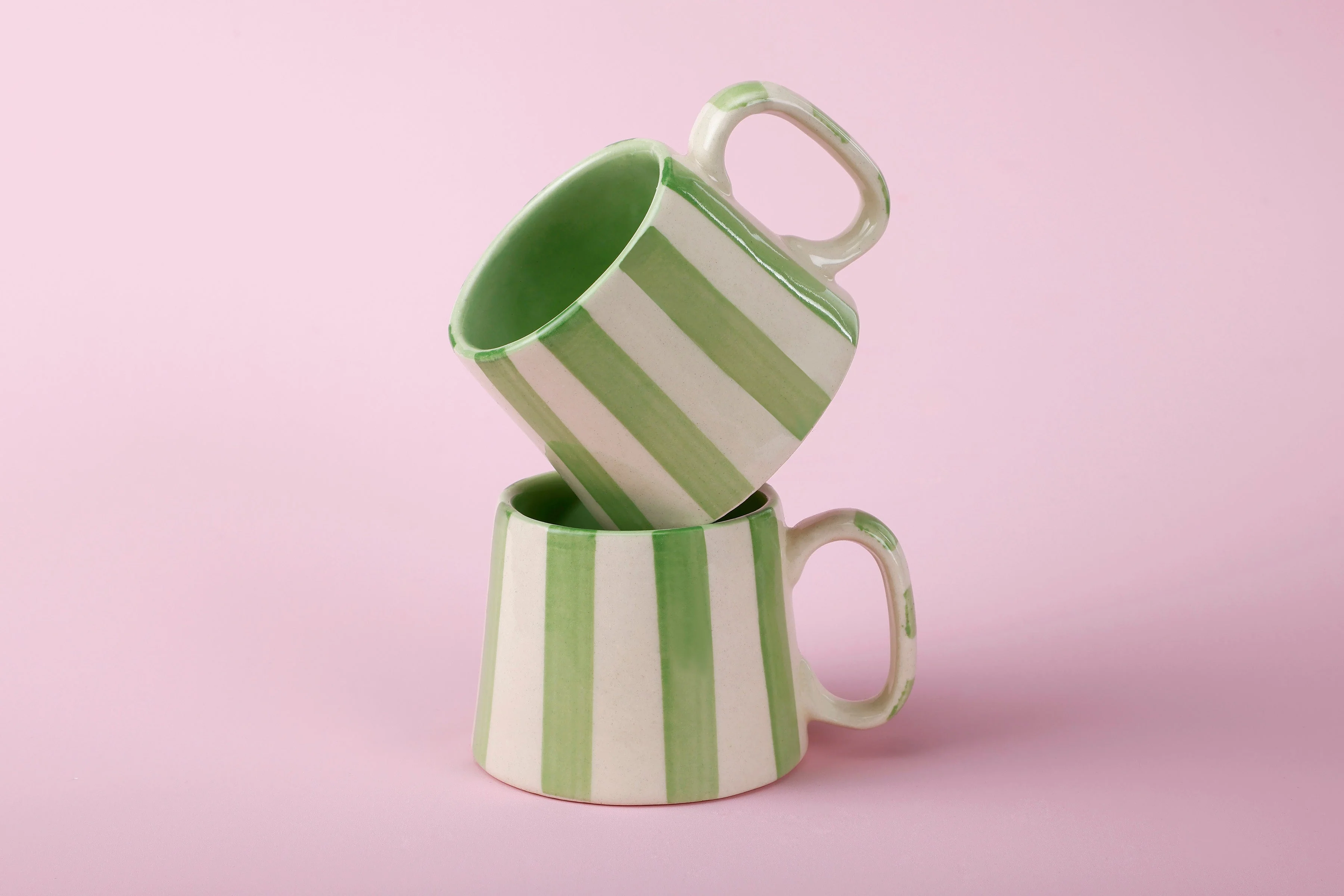 Casa Amarosa Ceramic Green Stripe Cup - 3.5 x 2.5 Inches ( Set of 2 ) - Image 2
