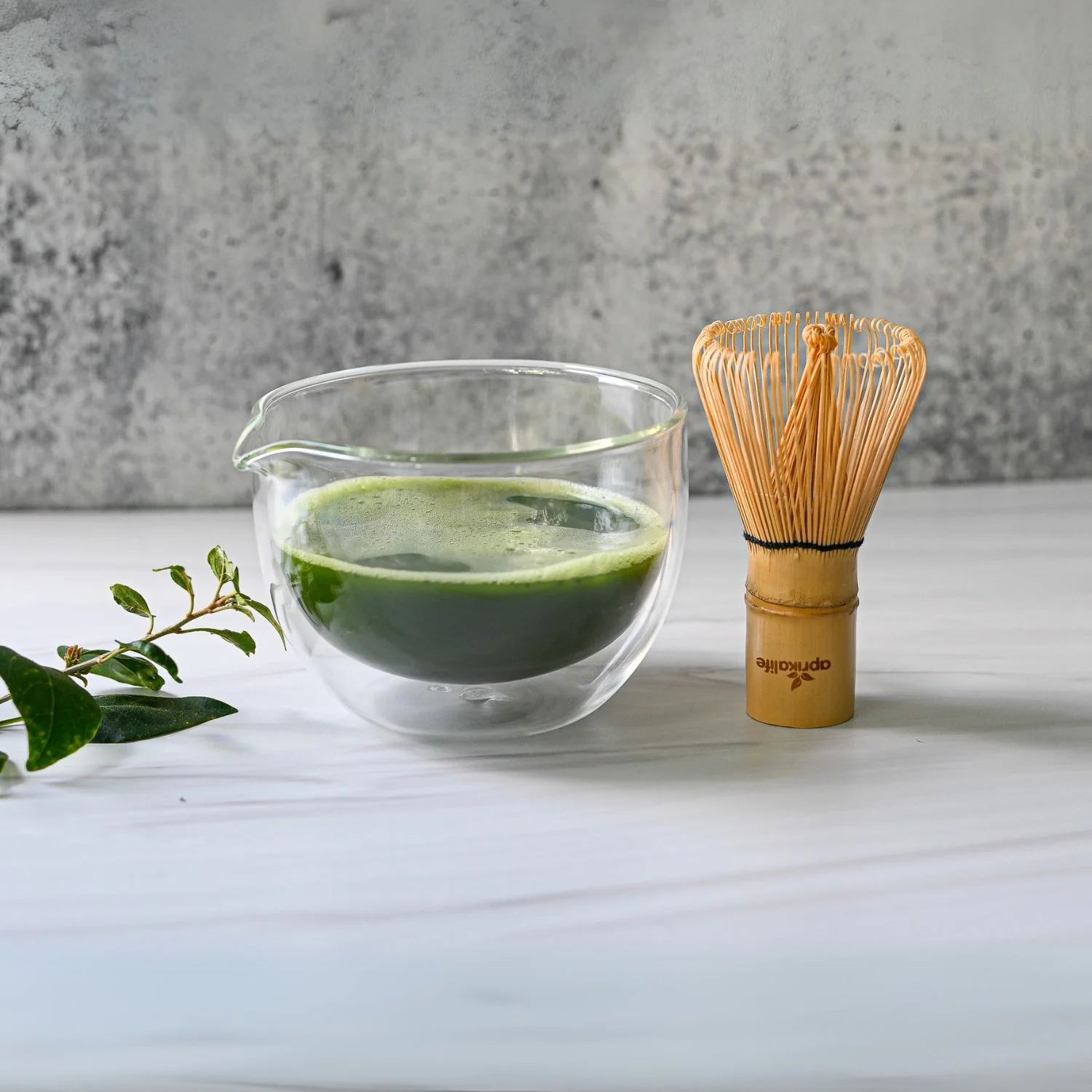 Aprika Life Double Sided (Double Wall) Glass Matcha Bowl with Spout, Bamboo Matcha Whisk, Whisk Holder and Organic Japanese Matcha Set - Image 3