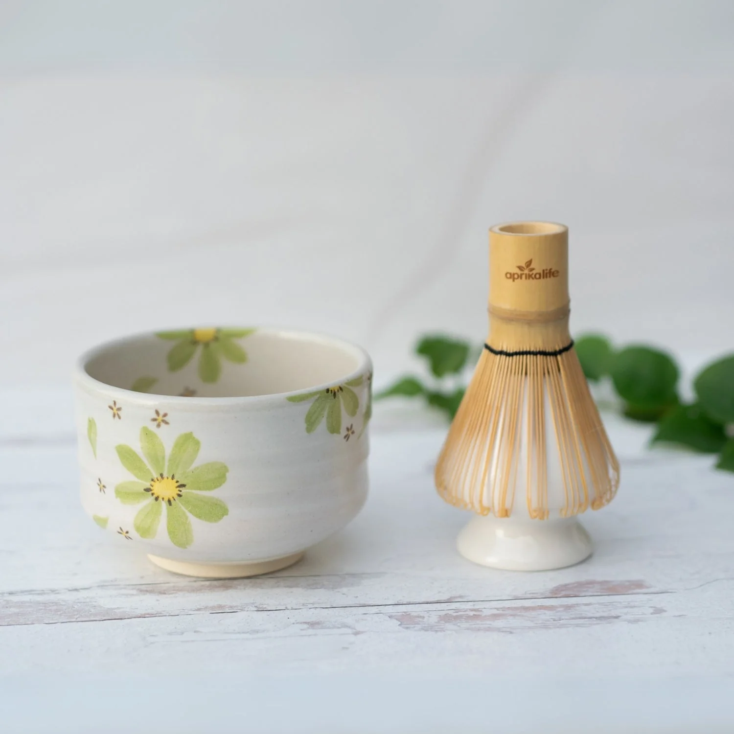 Aprika Life Green Flowers Ceramic Matcha Bowl - Image 8