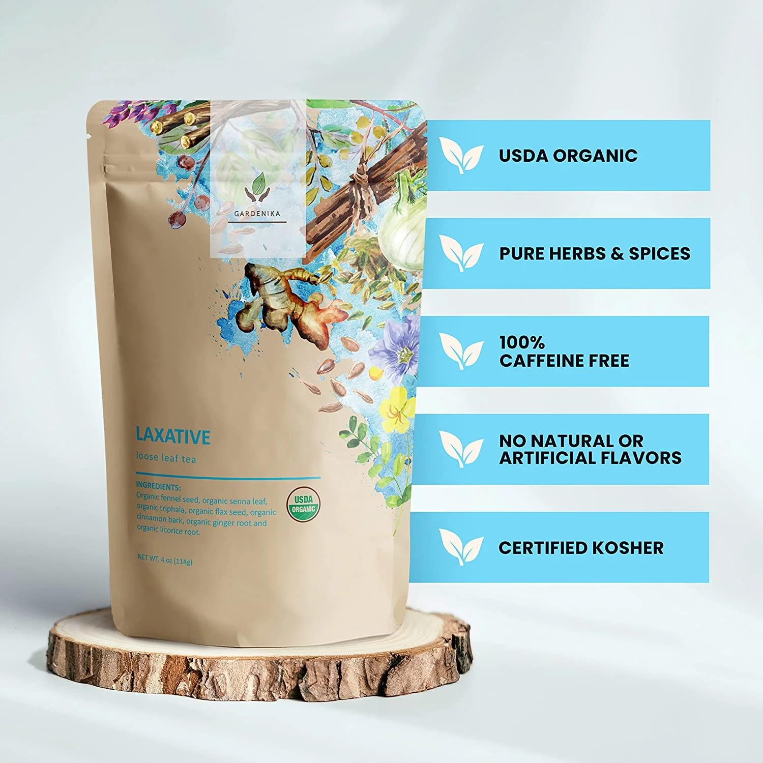 Gardenika Laxative Loose Leaf Tea, Gentle Constipation Relief - Ayurvedic Herbal Blend with Senna & Fennel - Digestive Health Support - Caffeine Free - 55+ Cups - USDA Organic & Kosher - 4 oz (113g) - Image 5